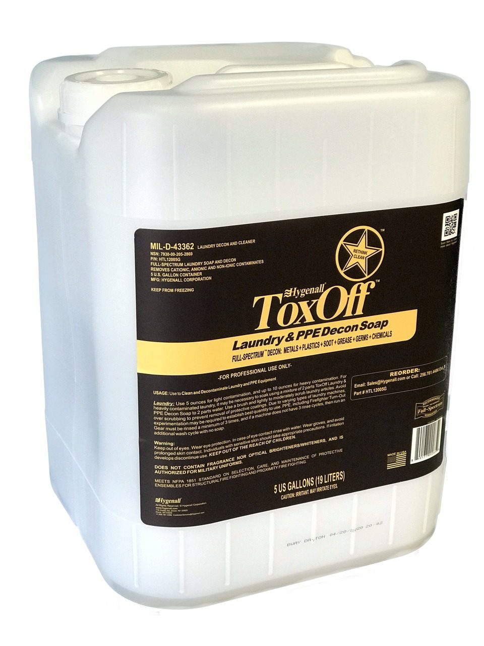 Hygenall ToxOff 5 Gallon Laundry Detergent. Heavy Metal Decontamination for Firefighters